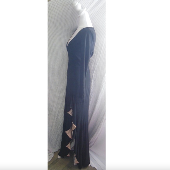 NEW XSCAPE Black Jersey LONG-SLEEVE Draped RUFFLE Contrast-Slit EVENING GOWN - Picture 6 of 10